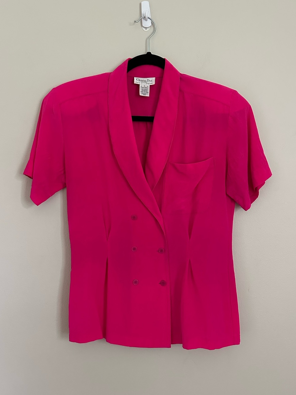 Vintage Christian Dior Chemises 100% Silk Hot Pink Double Breasted Blouse Size 4